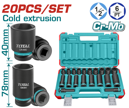 20 PARÇA 1/2” ALTI KÖŞE DARBELİ KISA-UZUN LOKMA SETİ